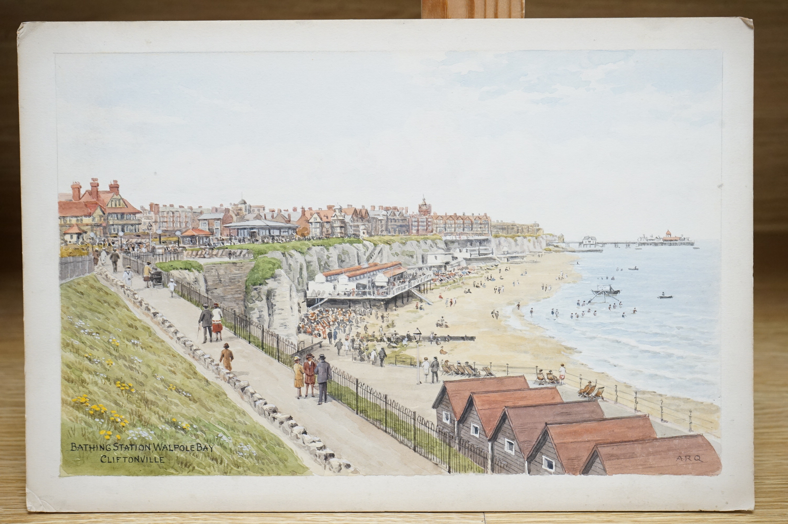 Alfred Robert Quinton (1853-1934), set of four watercolours for postcard designs of Kent Coastal scenes comprising, ‘Central Parade Beach, Deal’, ‘The Sands, Broadstairs’, ‘Ramsgate Sands’ and ‘Bathing Station, Walpole W